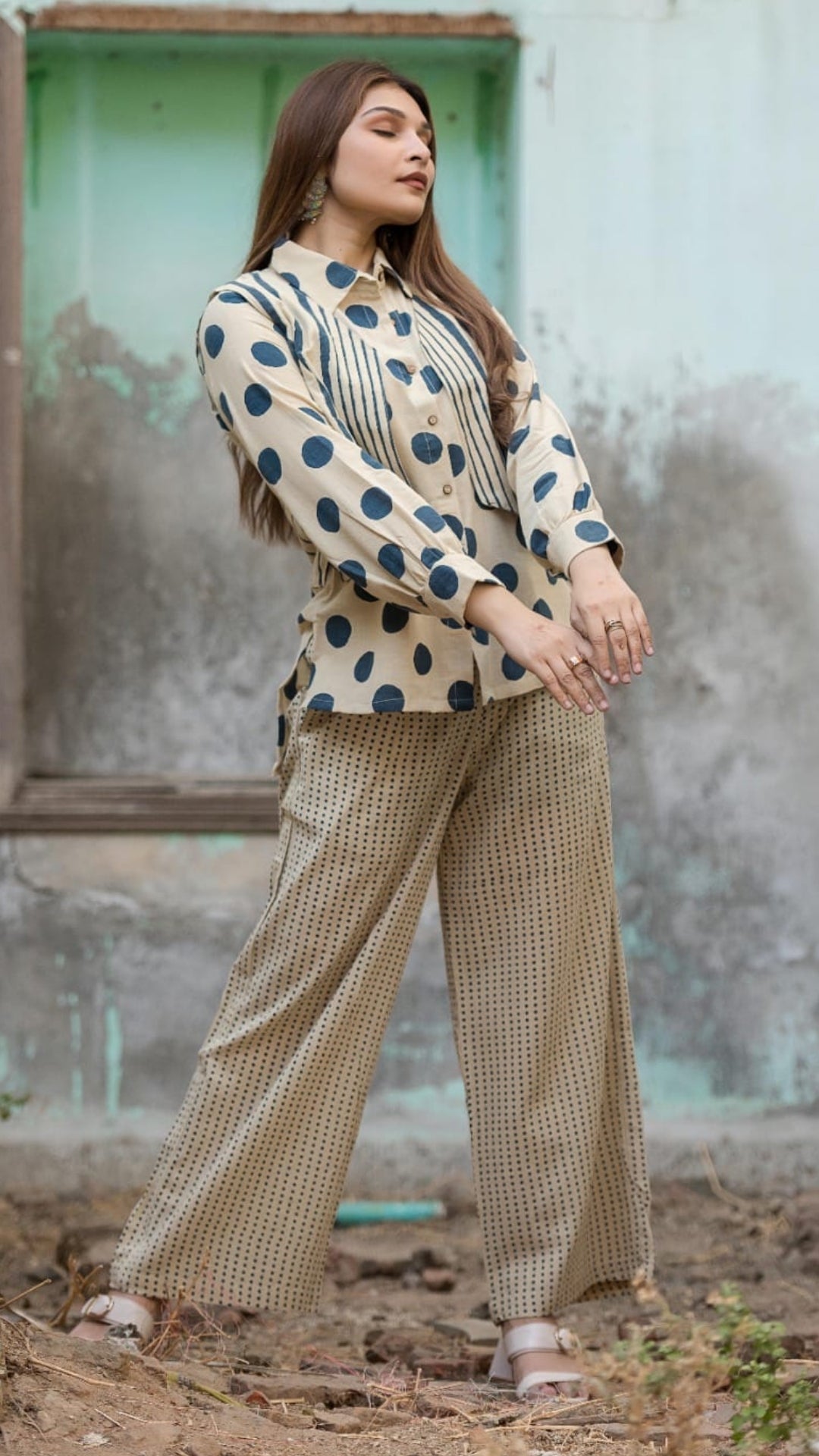 Indigo Polka & Stripe 3-Piece Cotton Co-ord Set – Cream Base