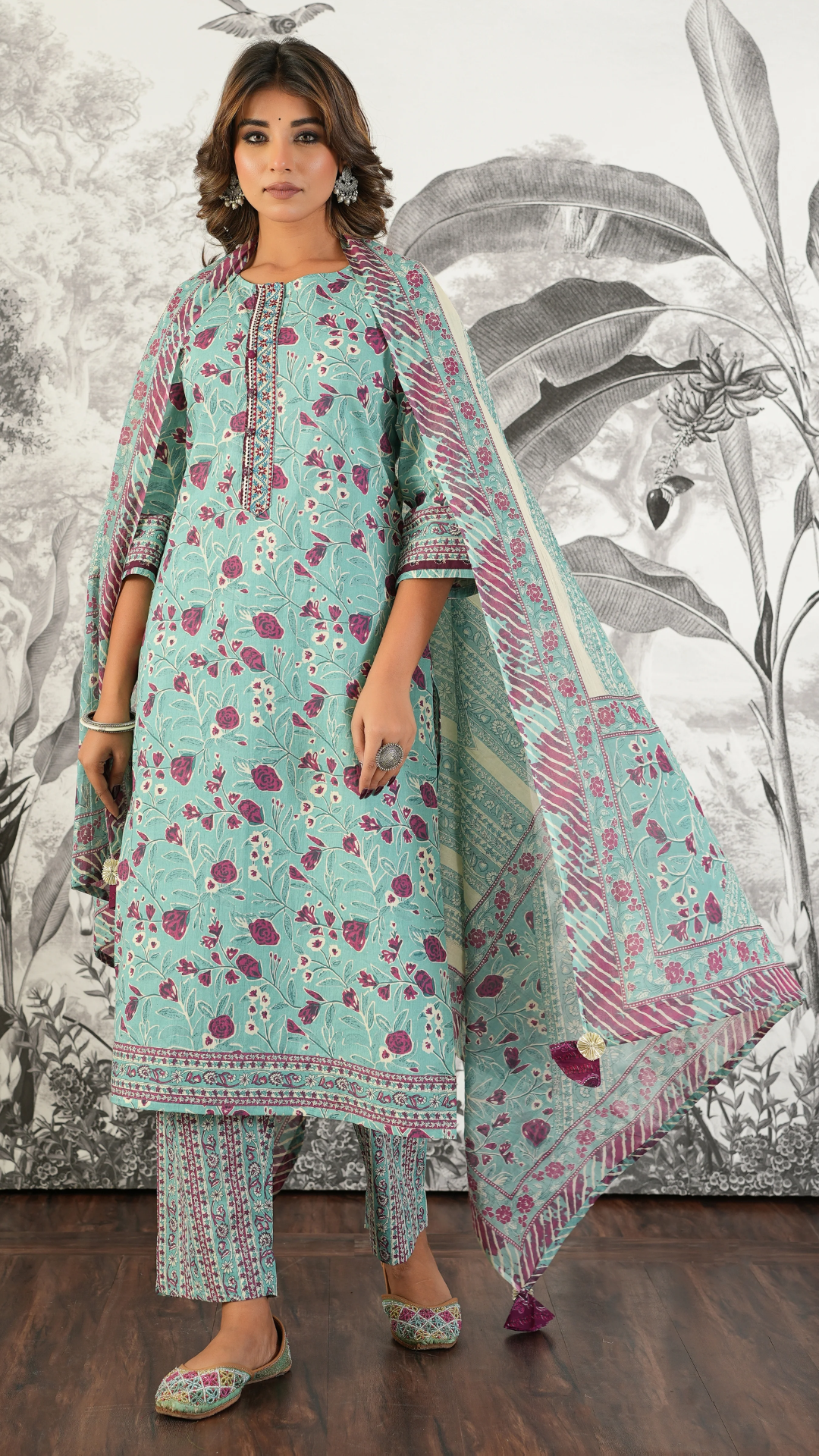 Ira Dusty Teal Floral Printed Cambric Cotton Kurta Set