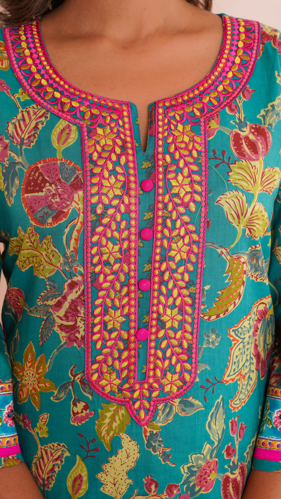 Gulbagh Teal Screen-Printed Cambric Cotton Kurta Set