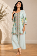Sky Blue Linen Cotton Floral Co-ord Set