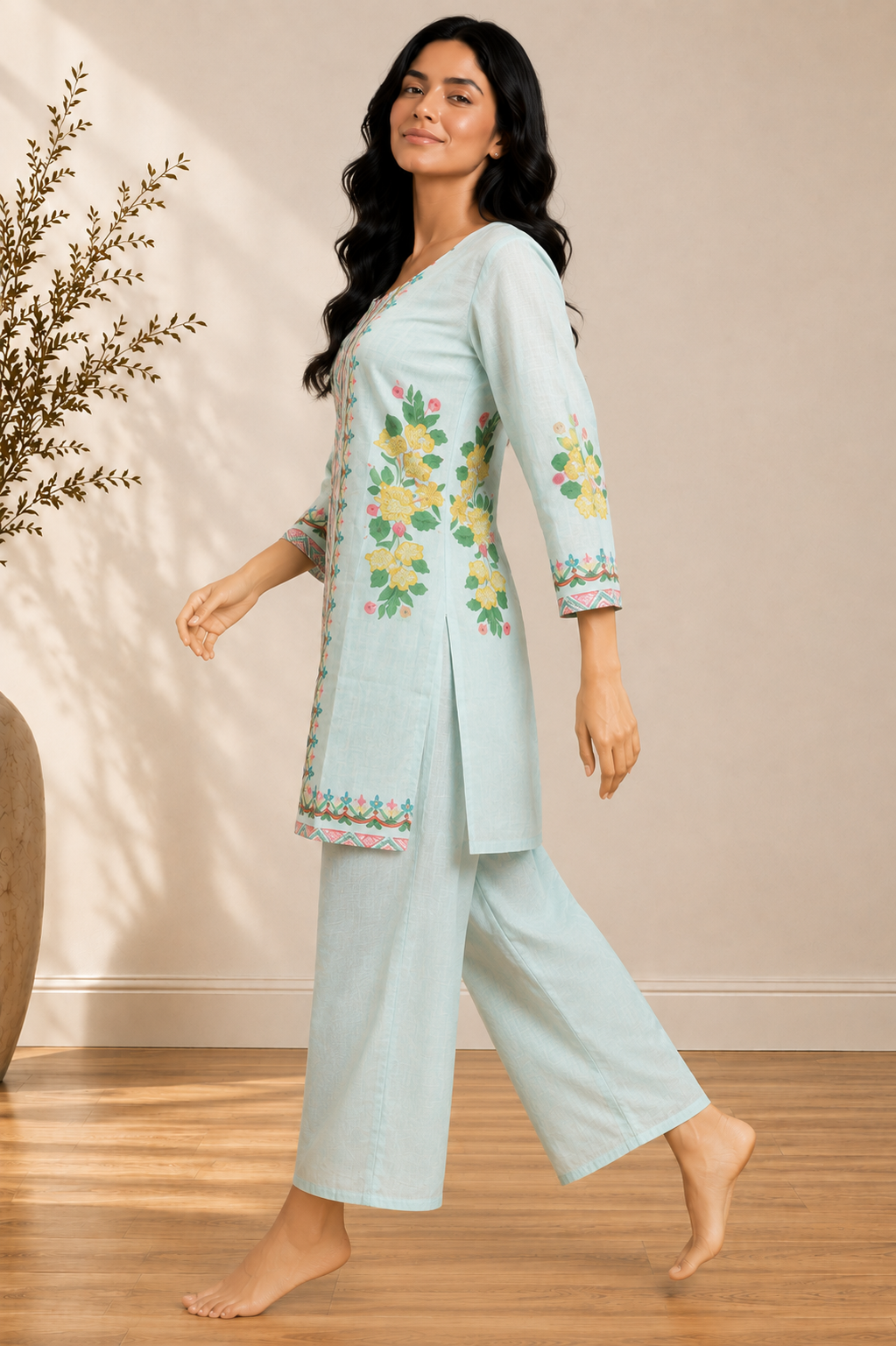 Sky Blue Linen Cotton Floral Co-ord Set