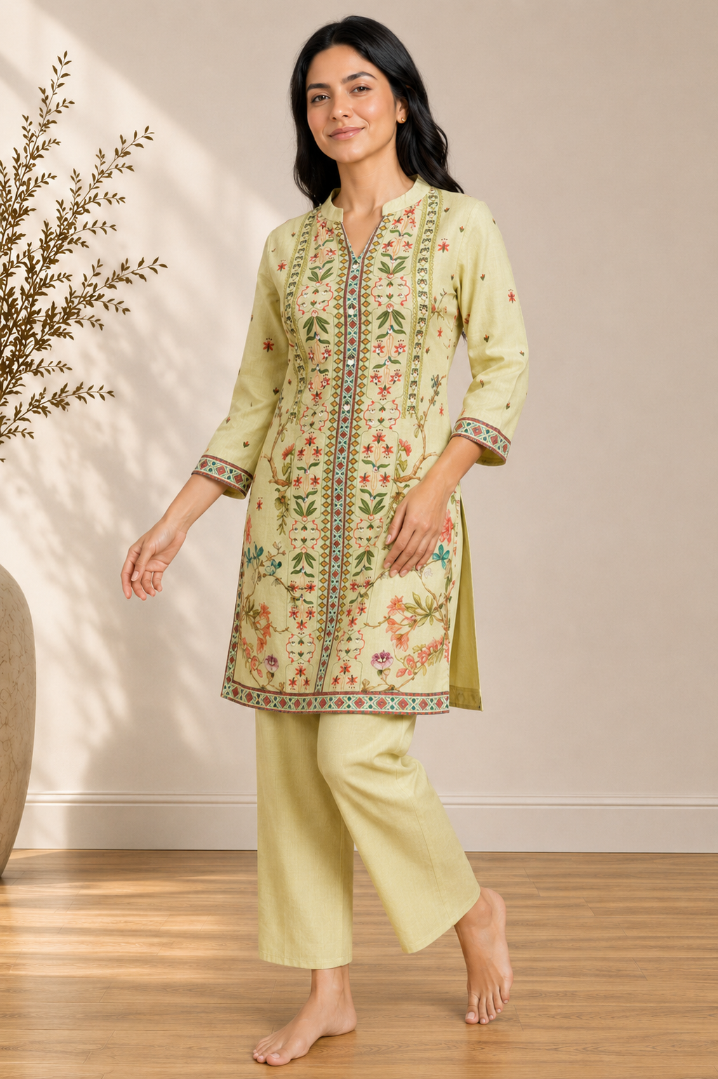 Lime Floral Jaal Linen Co-ord Set