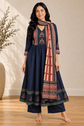 Navy Blockprint Maslin Silk Set