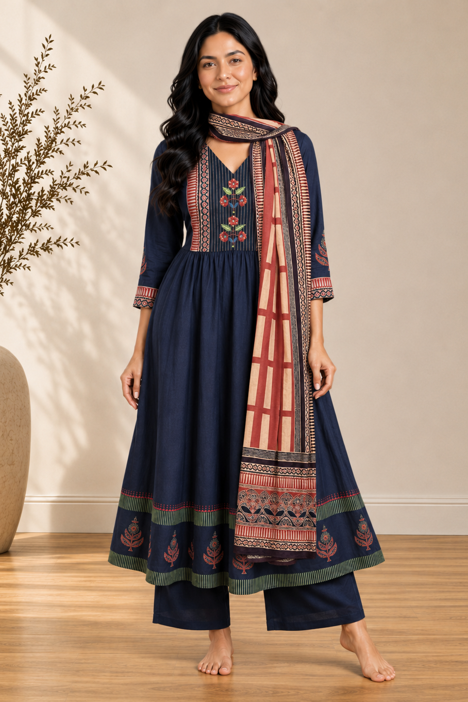 Navy Blockprint Maslin Silk Set