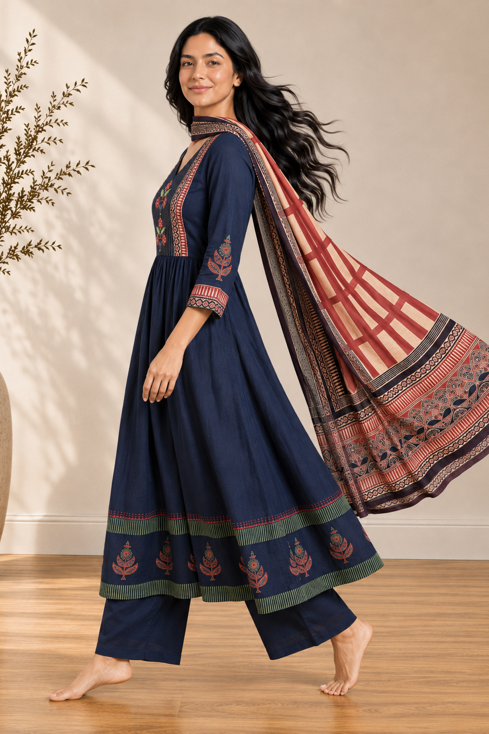 Navy Blockprint Maslin Silk Set
