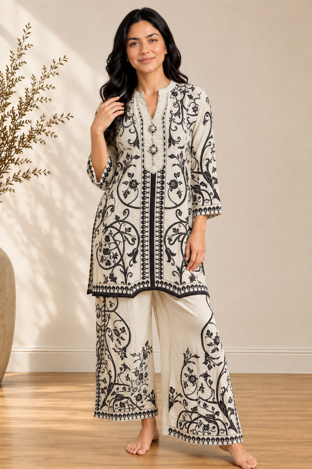 Ivory Black Baroque Crush Crepe Silk Co-Ord Set