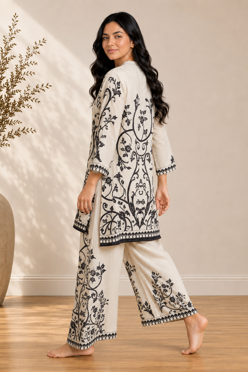 Ivory Black Baroque Crush Crepe Silk Co-Ord Set
