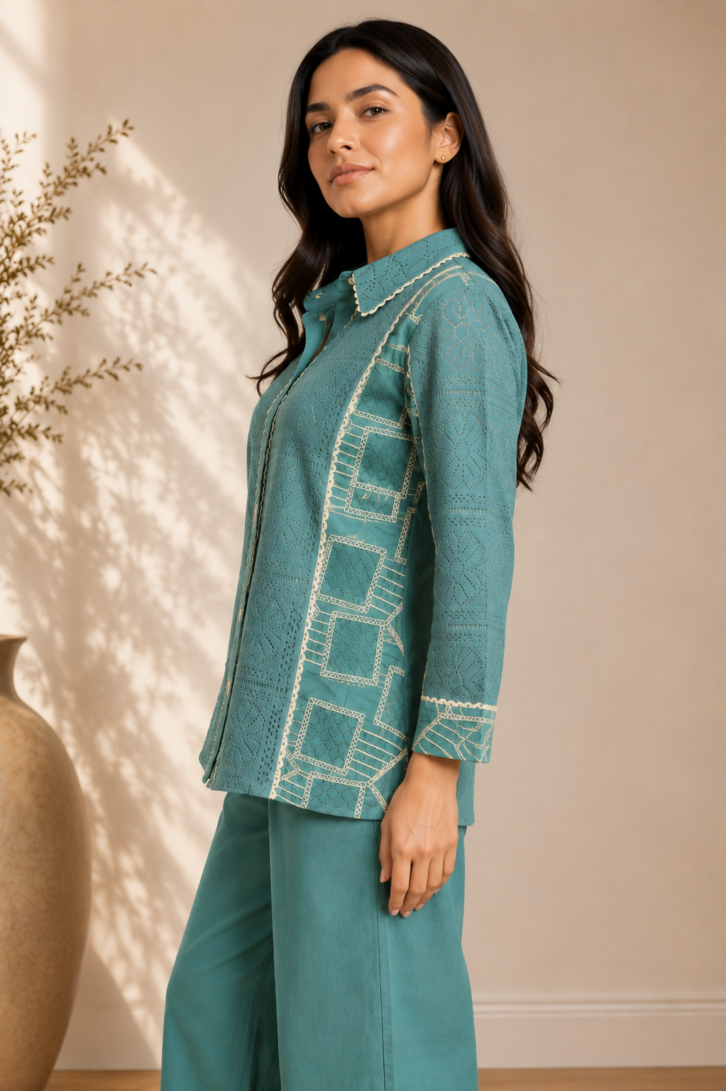 Teal Crochet Embroidered Kurta Set