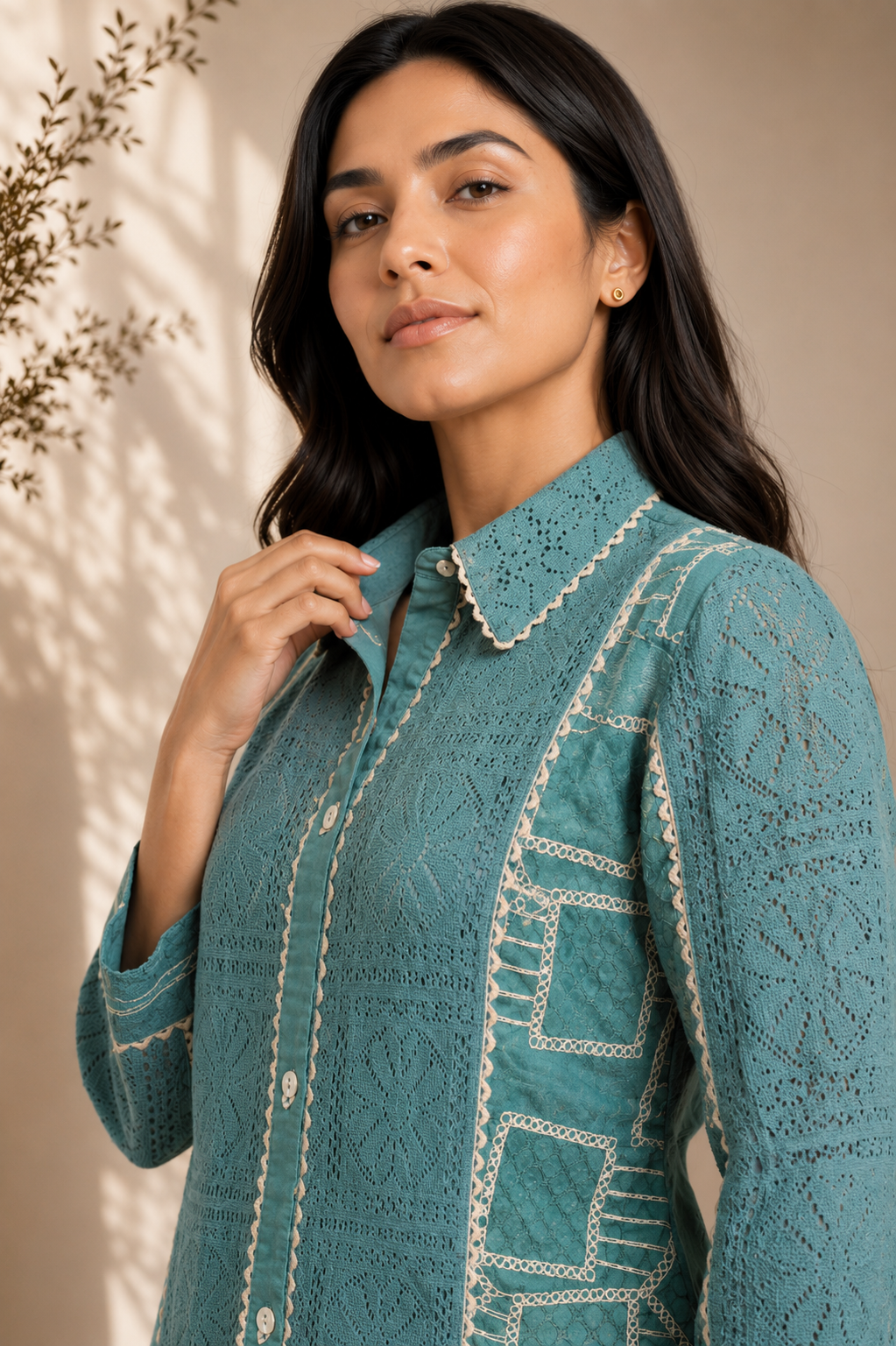 Teal Crochet Embroidered Kurta Set