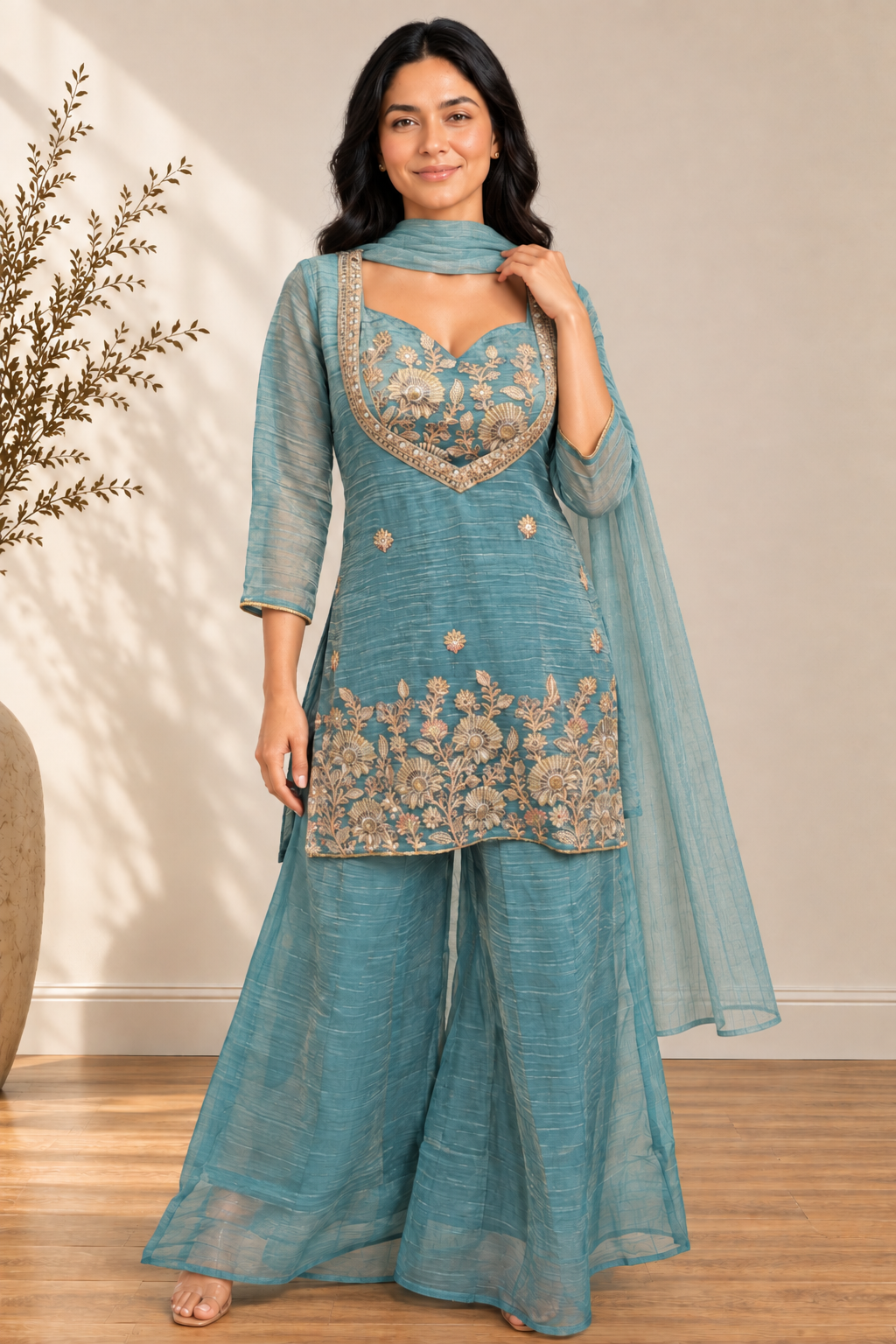 Powder Blue Salsa Embroidered Blouse & Kurta Set