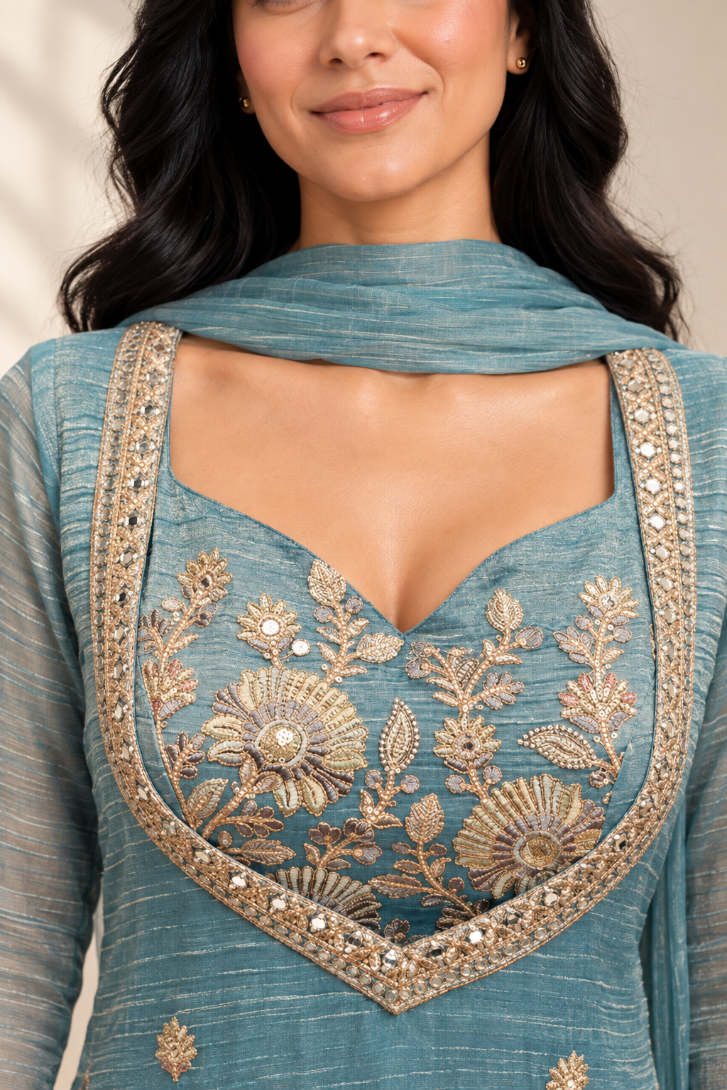 Powder Blue Salsa Embroidered Blouse & Kurta Set