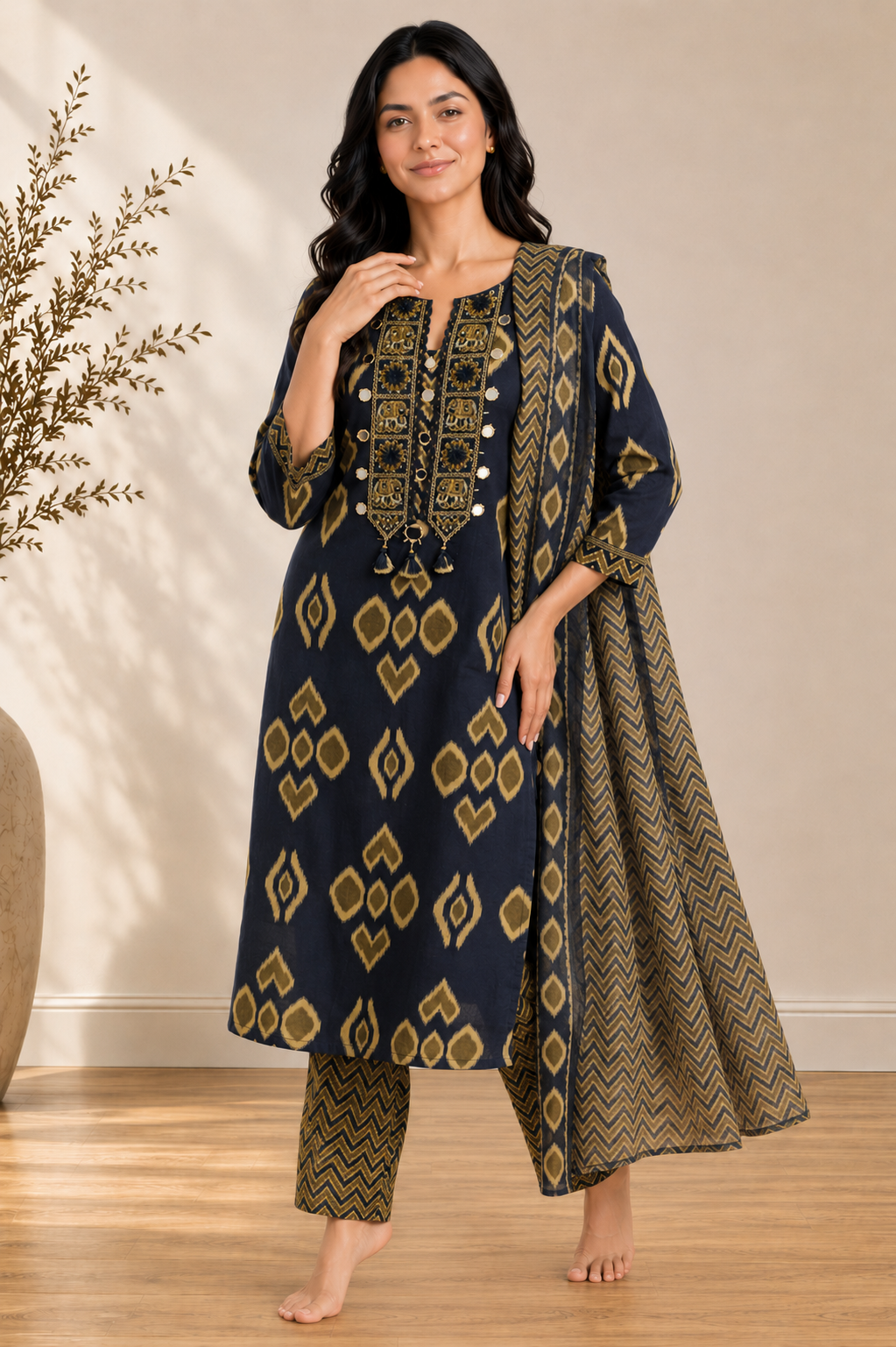 Navy Cambric Cotton Mirror Kurta Set