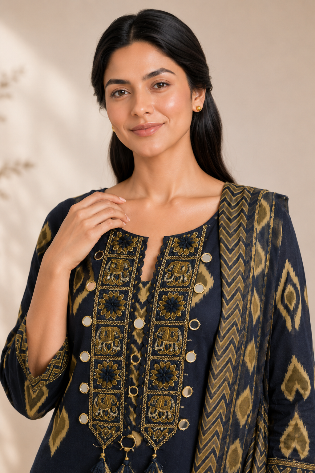 Navy Cambric Cotton Mirror Kurta Set
