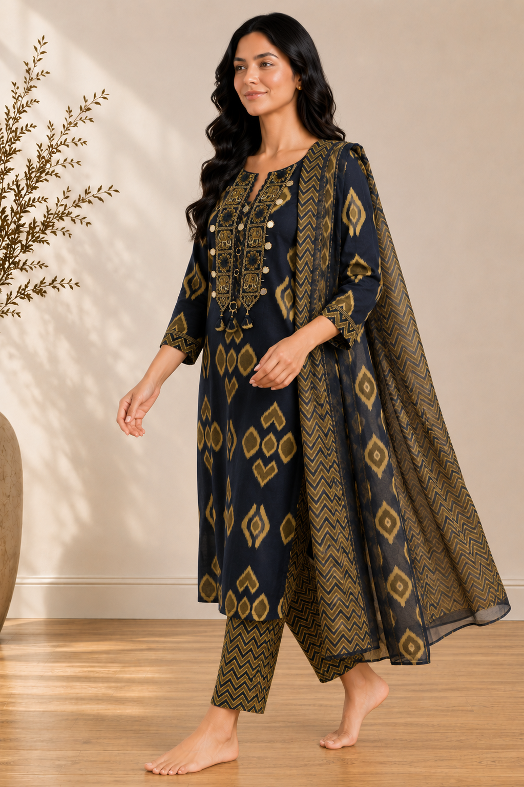 Navy Cambric Cotton Mirror Kurta Set
