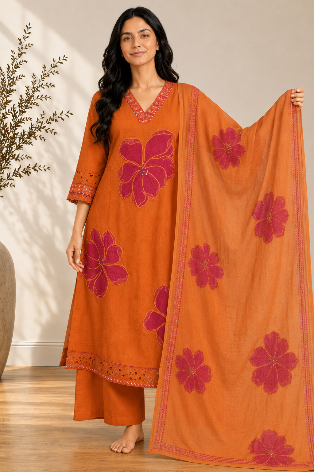 Rust Orange Floral Embroidered A-Line Kurta Set