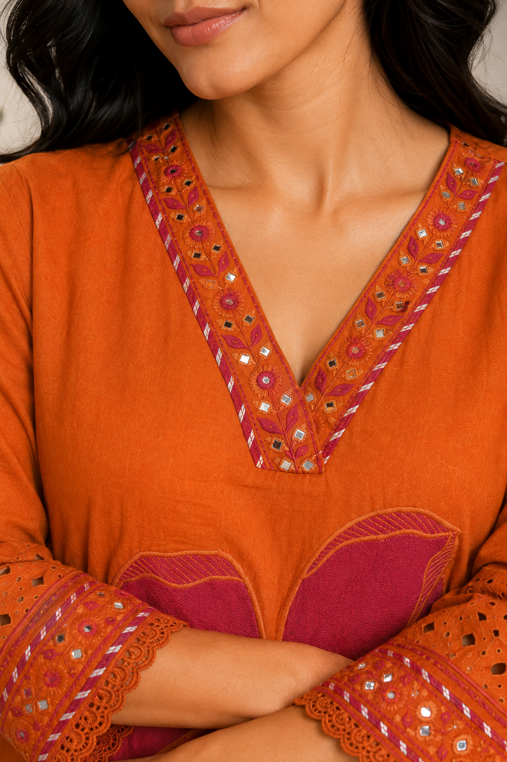 Rust Orange Floral Embroidered A-Line Kurta Set