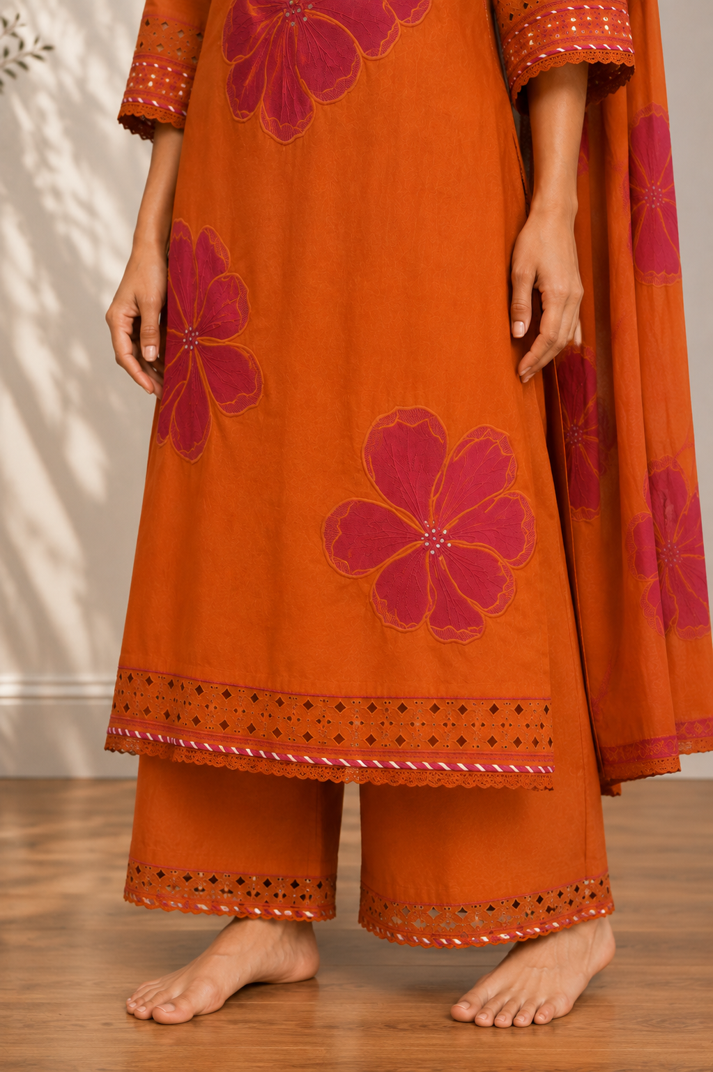 Rust Orange Floral Embroidered A-Line Kurta Set