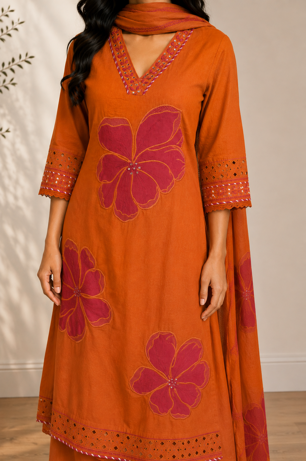 Rust Orange Floral Embroidered A-Line Kurta Set