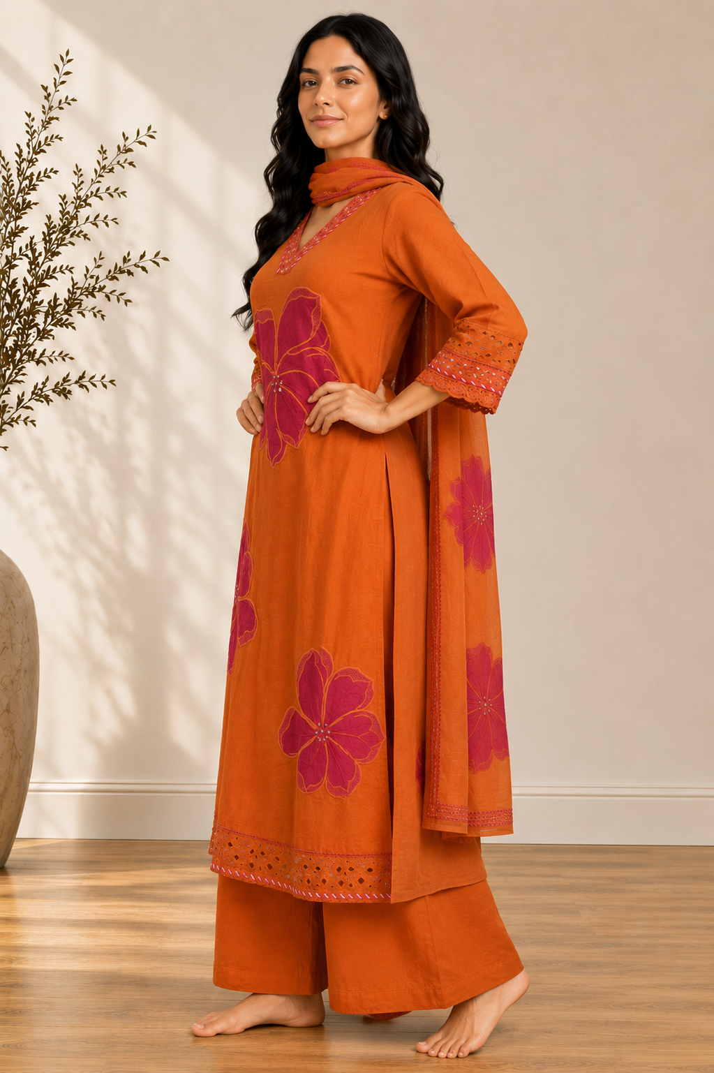 Rust Orange Floral Embroidered A-Line Kurta Set