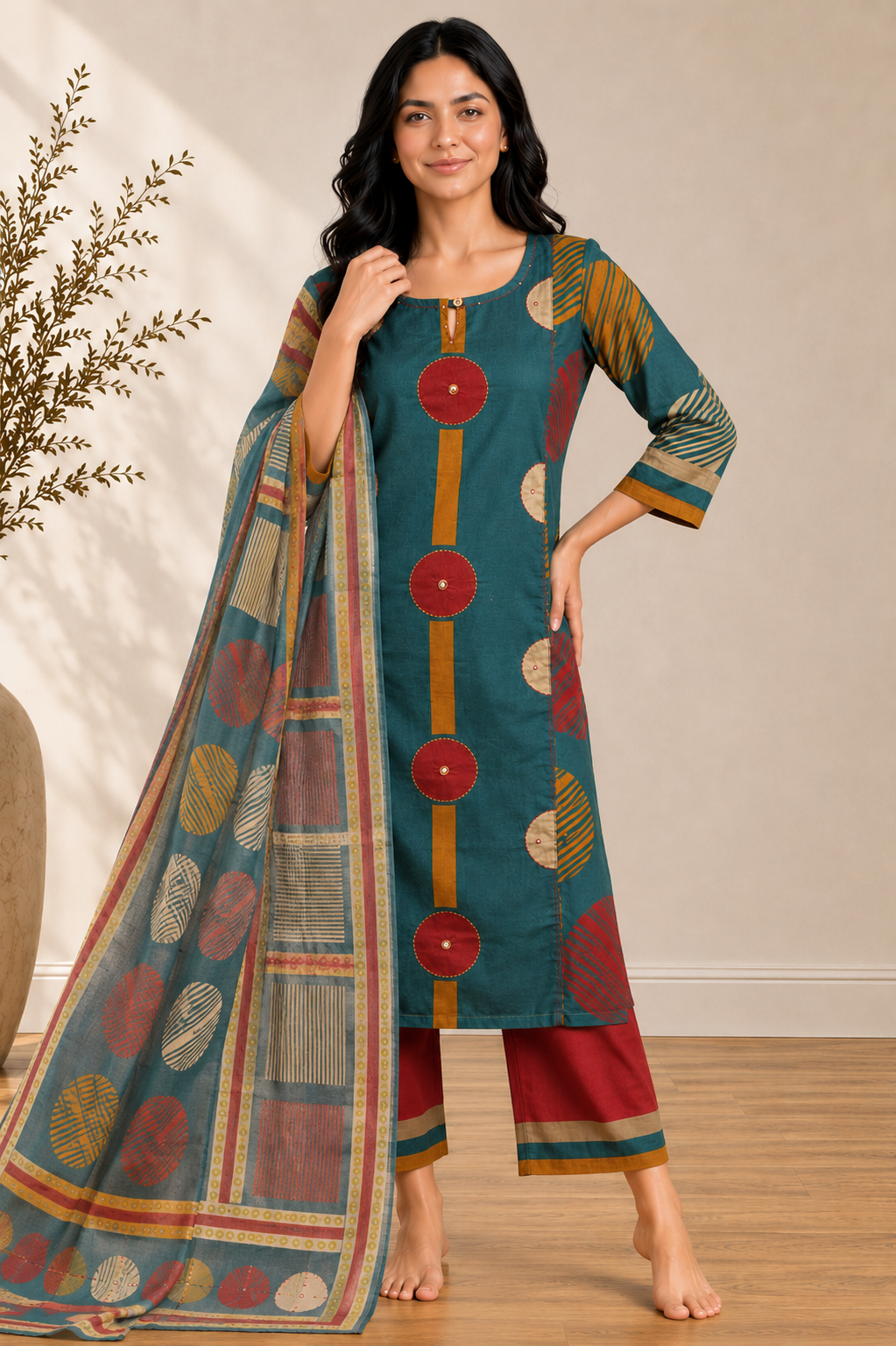 Teal Panel Print Cotton Suit Set
