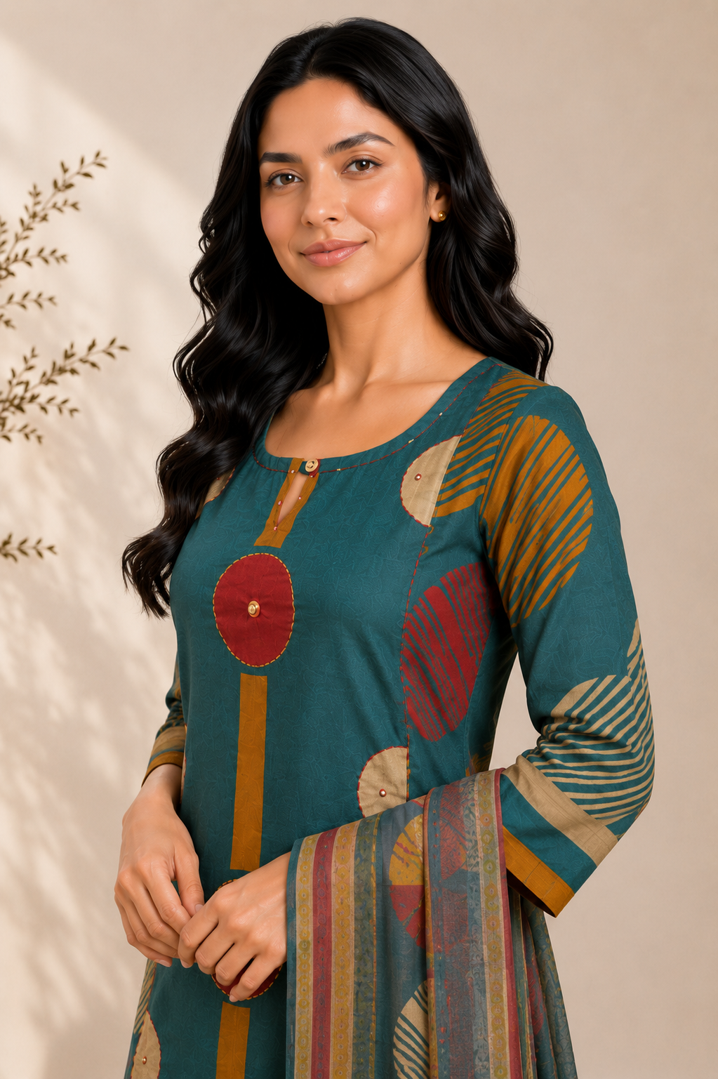 Teal Panel Print Cotton Suit Set