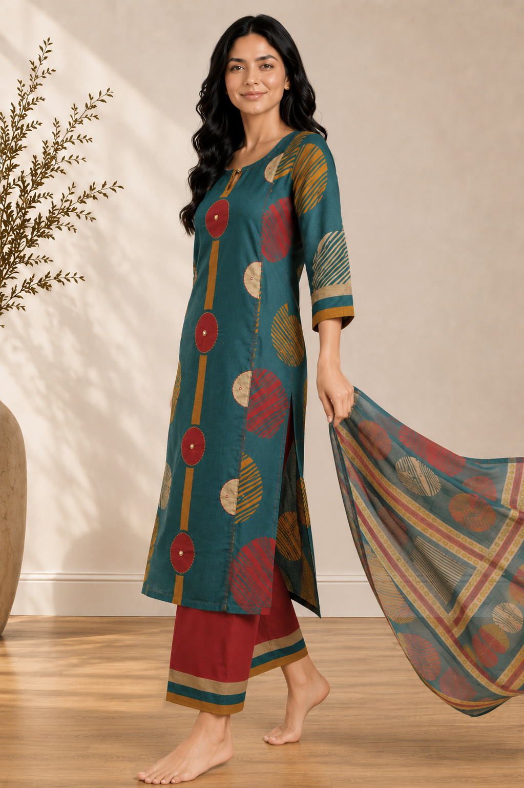 Teal Panel Print Cotton Suit Set