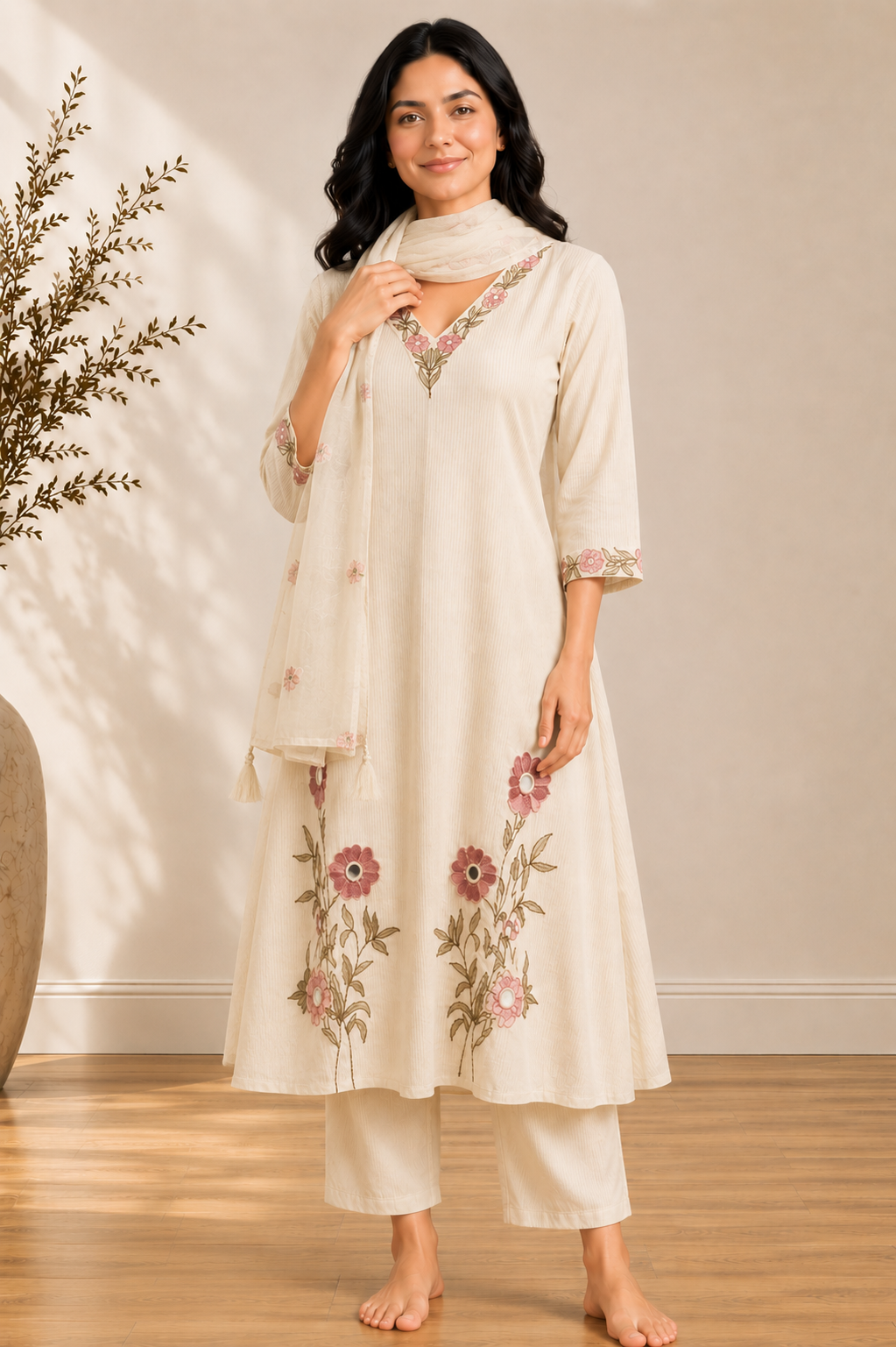 Cream Mulmul Cotton Embroidered A-Line Kurta Set