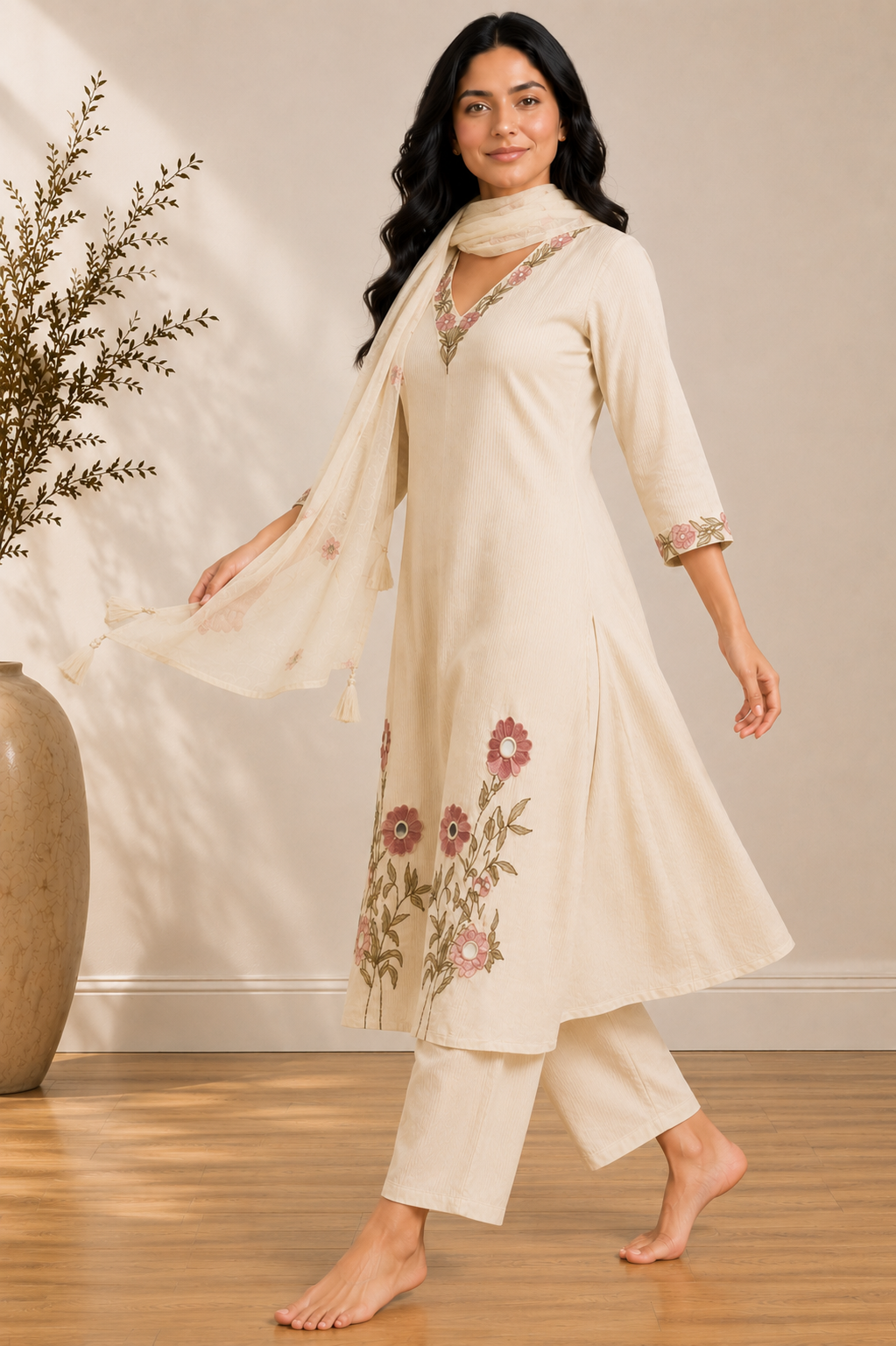 Cream Mulmul Cotton Embroidered A-Line Kurta Set