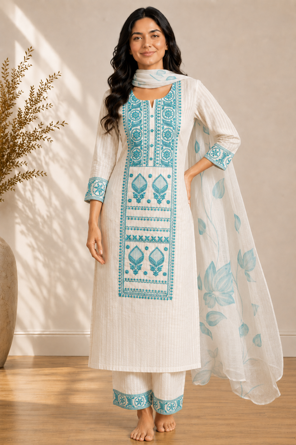 White Firozi Embroidered Mulmul Cotton Kurta Set