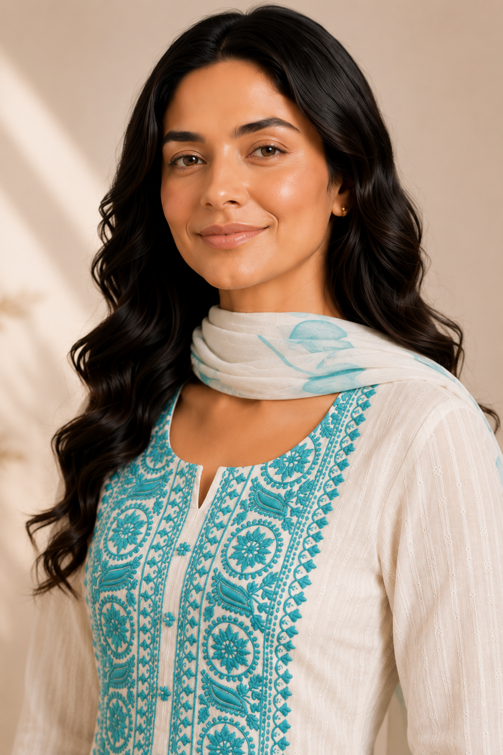 White Firozi Embroidered Mulmul Cotton Kurta Set