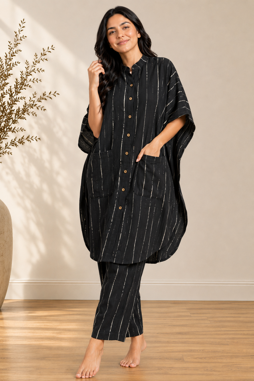 Black Shibori Cotton Kaftan Co-ord Set
