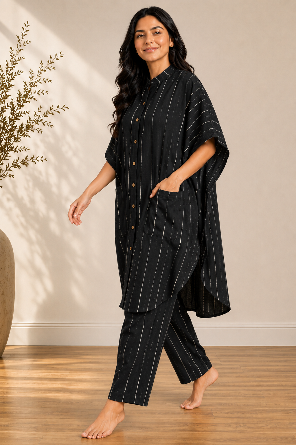 Black Shibori Cotton Kaftan Co-ord Set