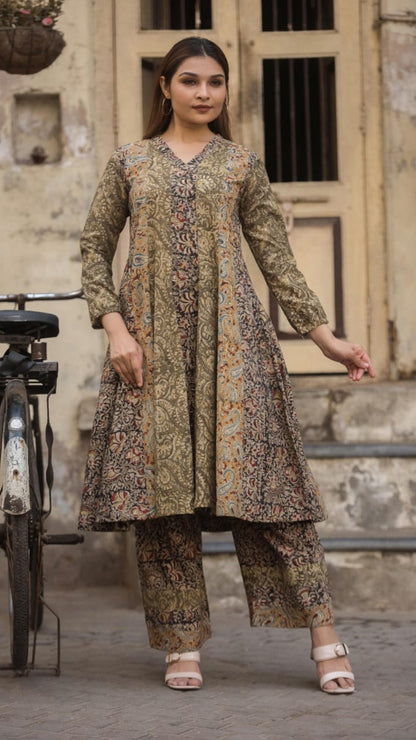 Vintage Kalamkari Multi-Kali Kurta Set – Organic Cotton Handblock Elegance