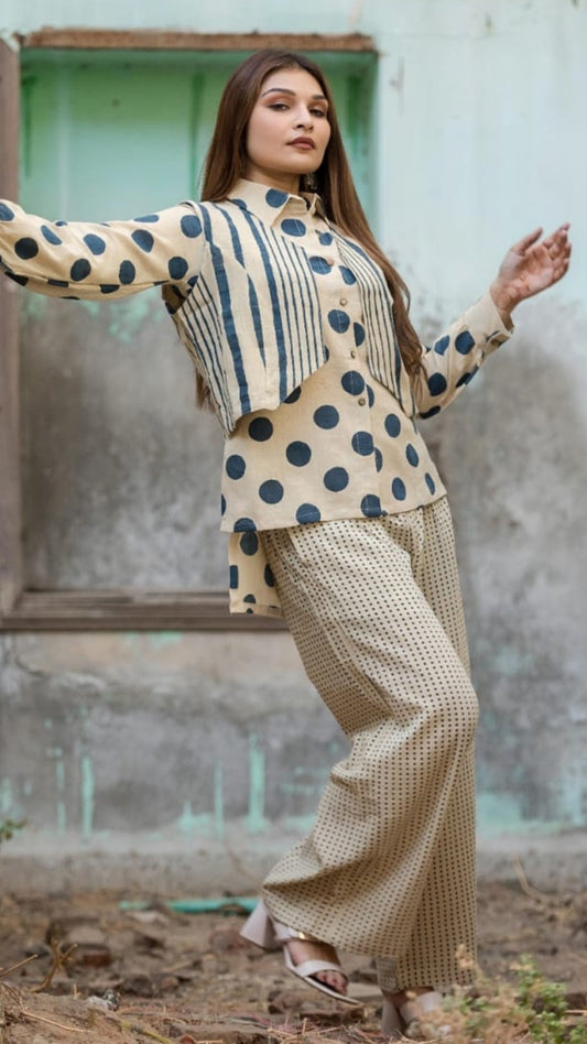 Indigo Polka & Stripe 3-Piece Cotton Co-ord Set – Cream Base