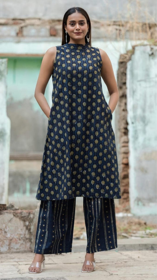 Indigo Gold Handblock Kurta Set – Sleeveless Organic Cotton Co-ord