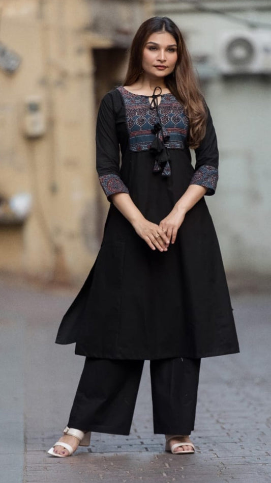 Midnight Grace Black Kurta Set – Block Printed Yoke with Palazzo Pants