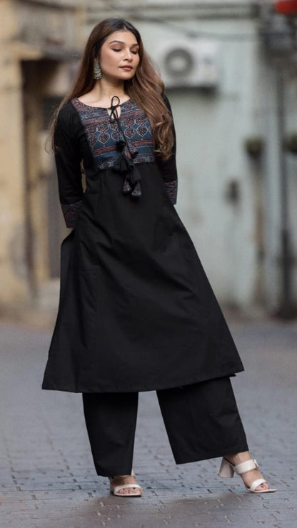 Midnight Grace Black Kurta Set – Block Printed Yoke with Palazzo Pants