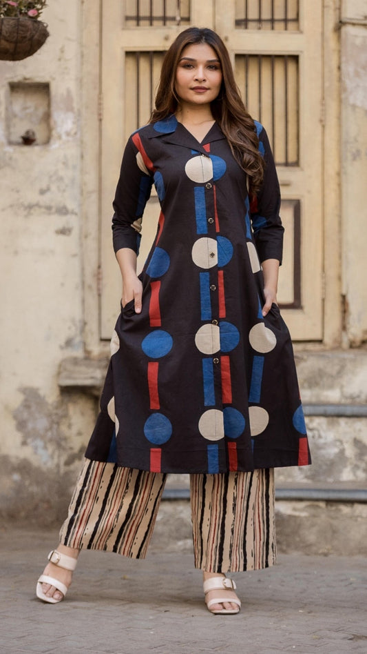 Geo Pop Blazer Kurta Set – Black & Beige