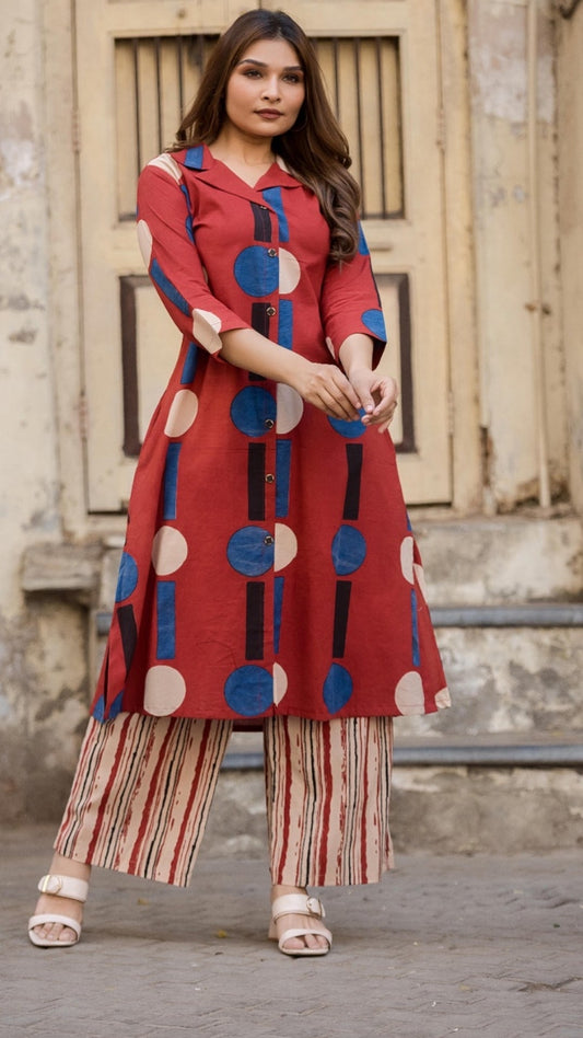 Maroon Mod Block Print Kurta Set – Blazer Neck & Striped Palazzo | Organic Cotton
