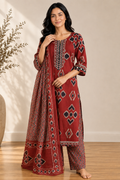 Maroon Cambric Cotton Ikat Kurta Set