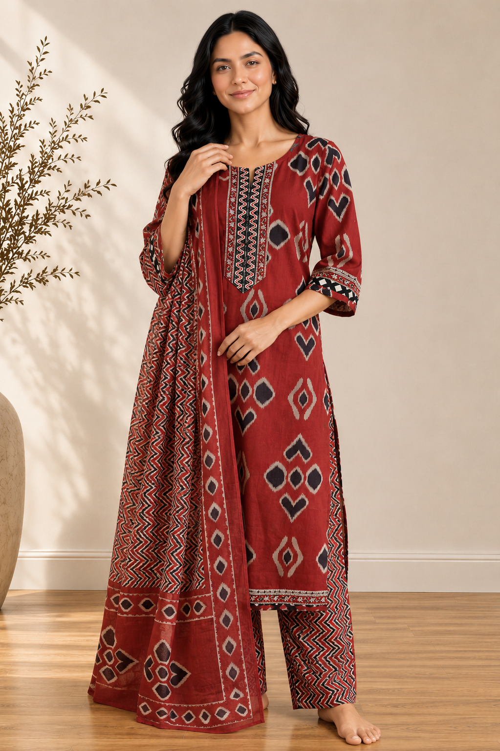 Maroon Cambric Cotton Ikat Kurta Set