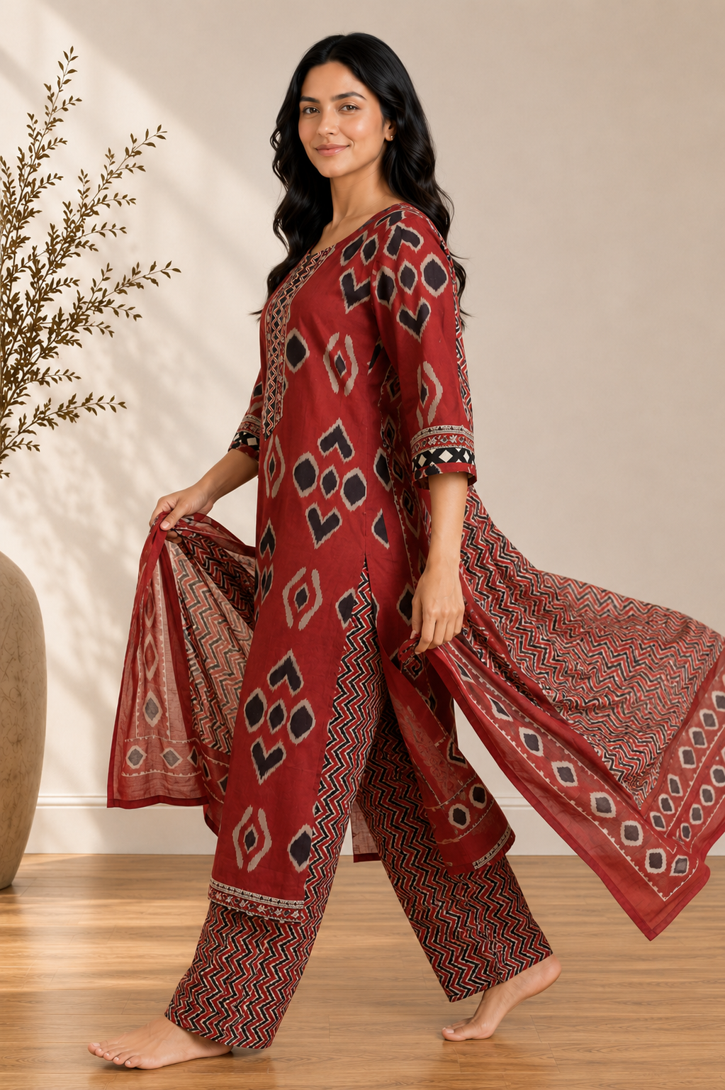 Maroon Cambric Cotton Ikat Kurta Set