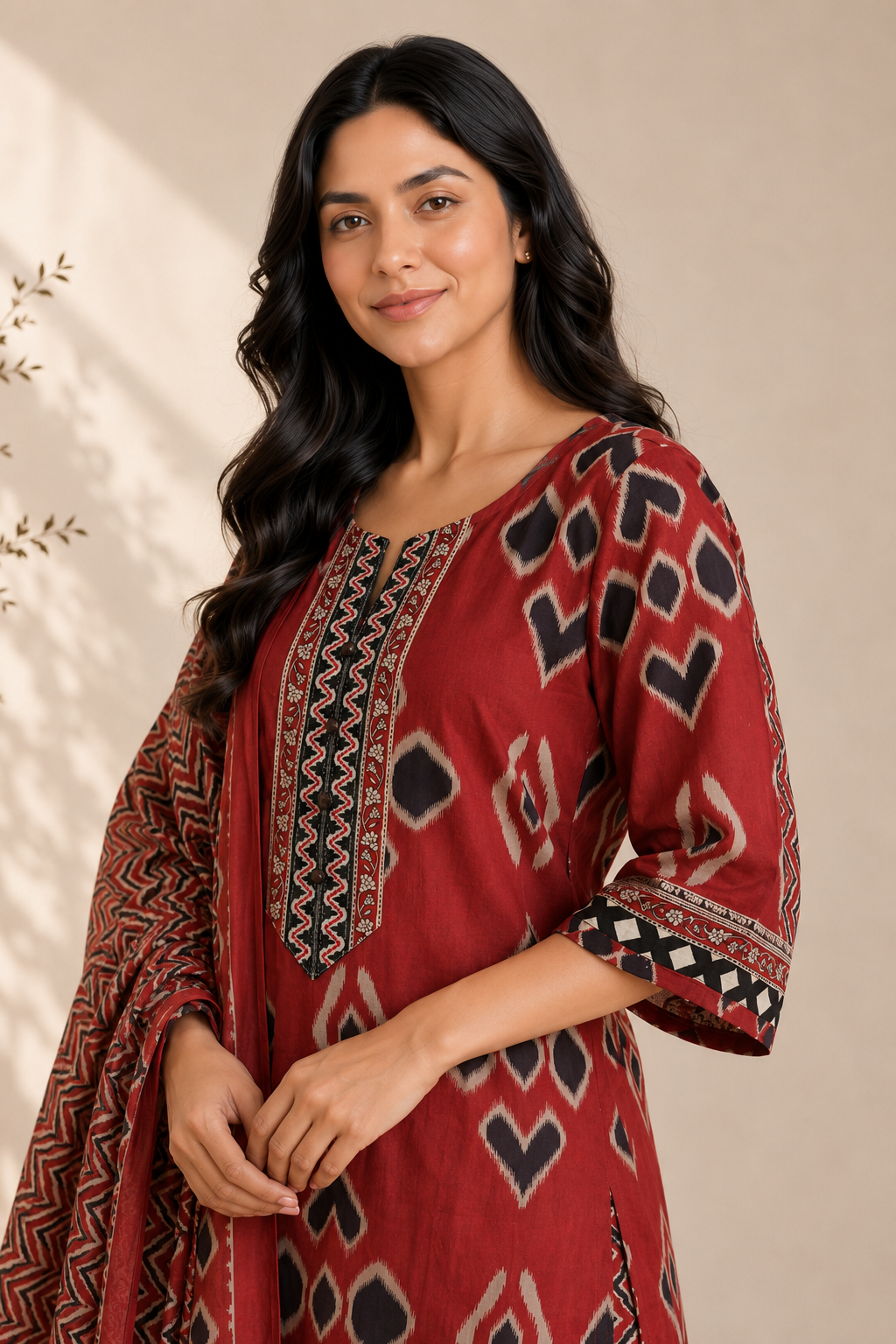 Maroon Cambric Cotton Ikat Kurta Set