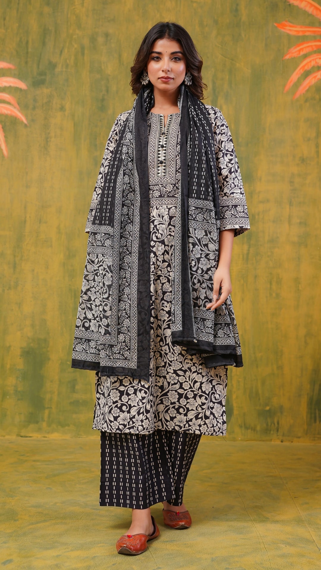 Black Floral Printed Cotton Kurta Set with Dupatta