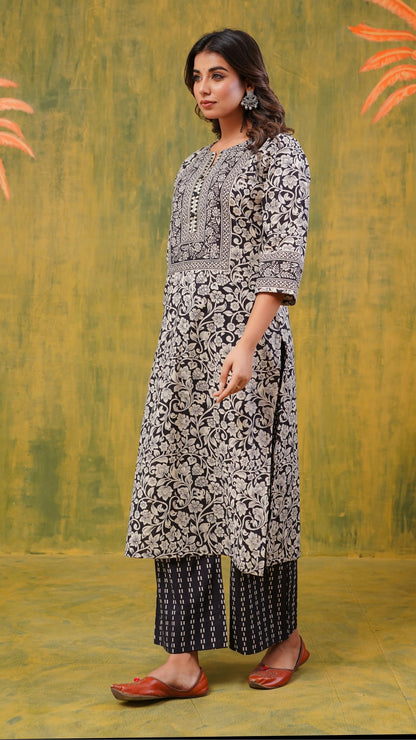 Black Floral Printed Cotton Kurta Set with Dupatta