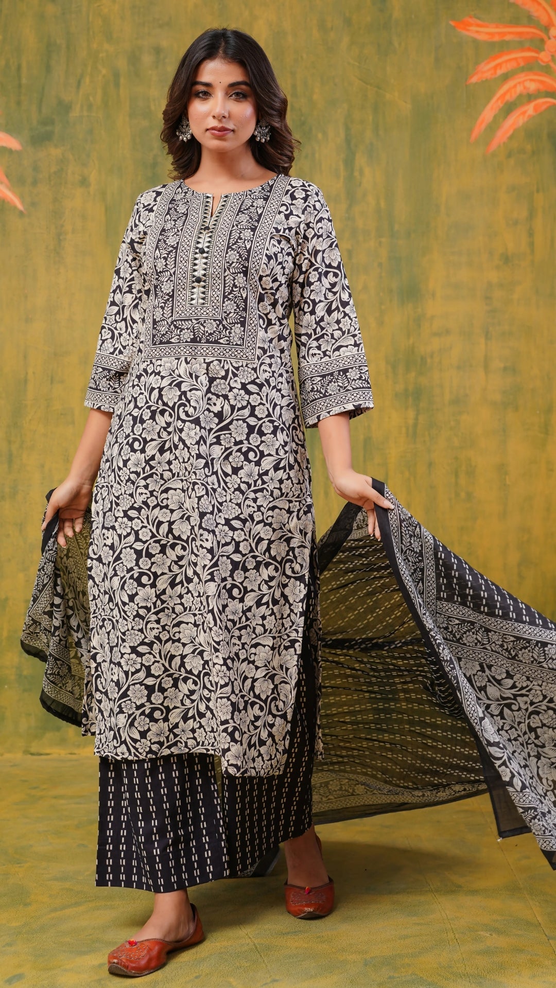 Black Floral Printed Cotton Kurta Set with Dupatta