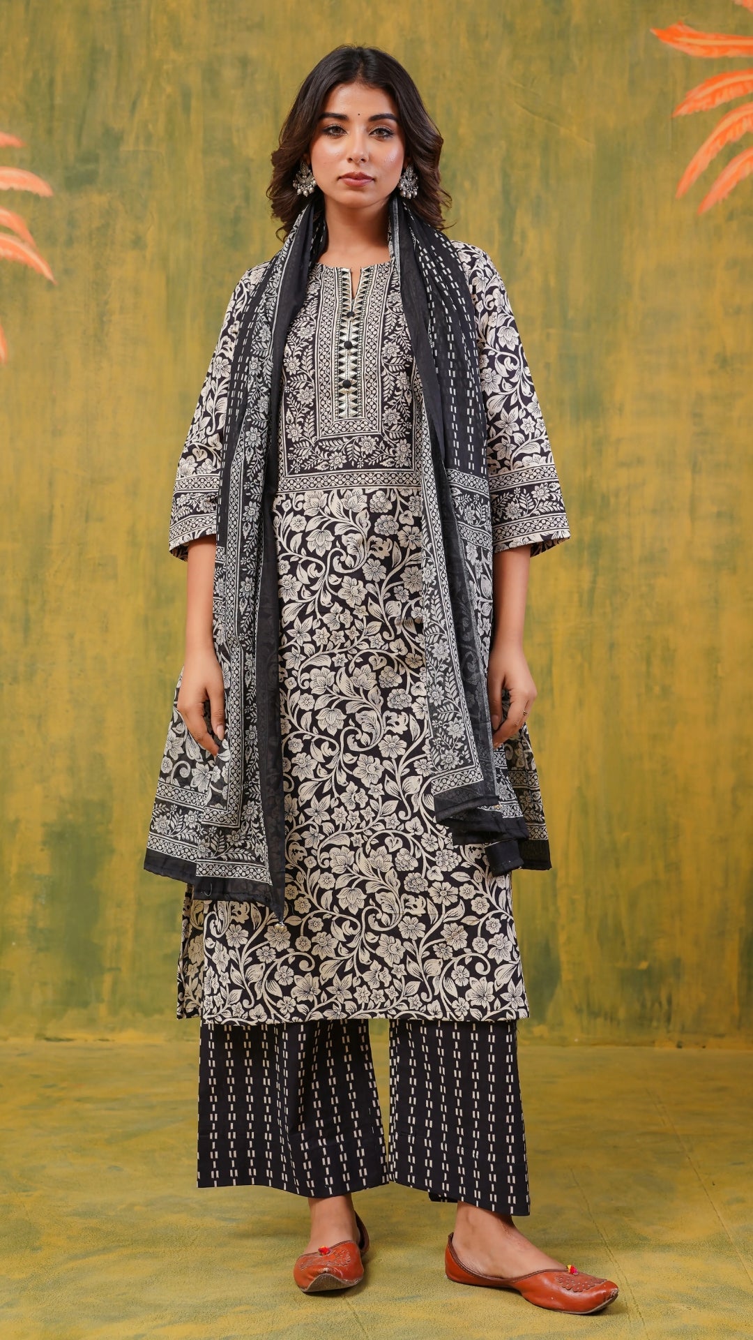Black Floral Printed Cotton Kurta Set with Dupatta