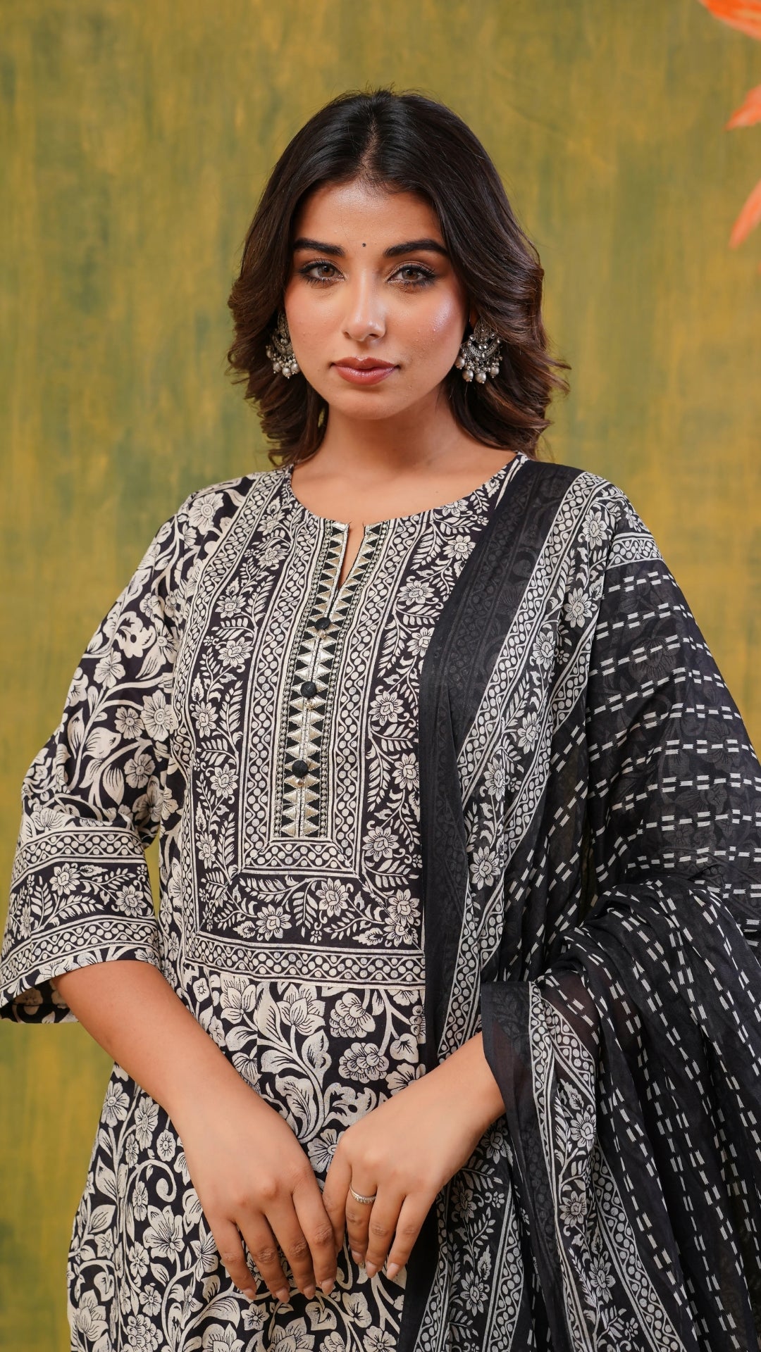 Black Floral Printed Cotton Kurta Set with Dupatta