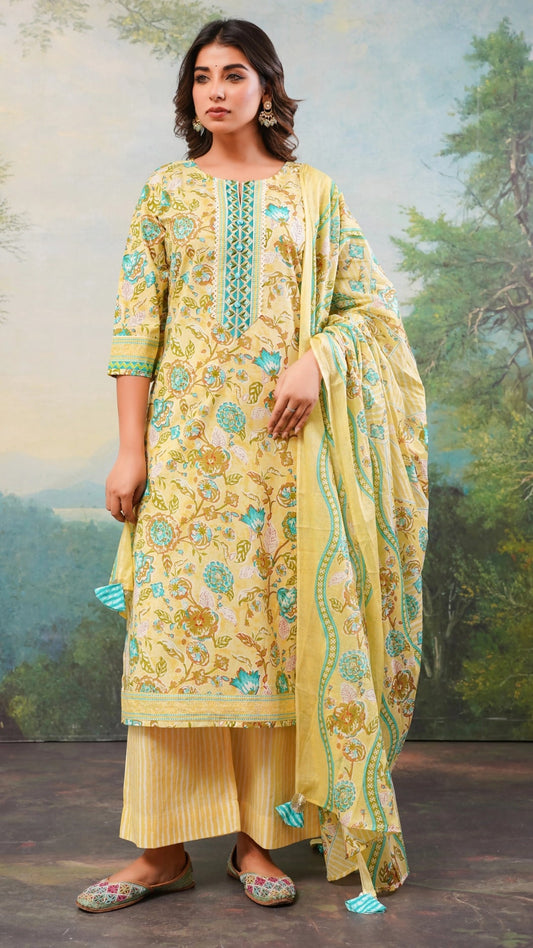 Lemon Bloom Cambric Cotton Kurta Set