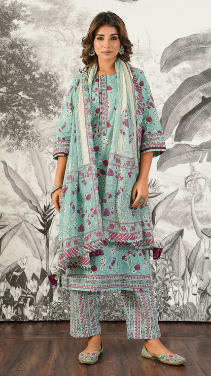 Ira Dusty Teal Floral Printed Cambric Cotton Kurta Set